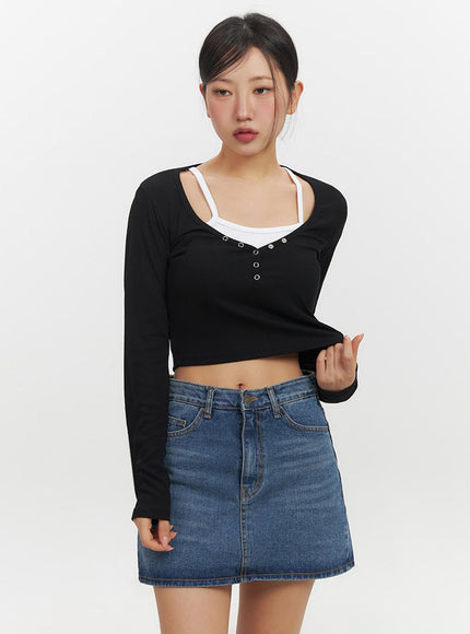 Buttoned Layered Long-Sleeve Crop Top IF510