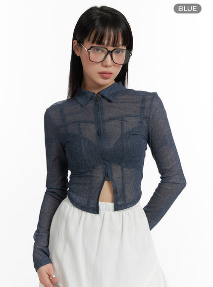 sheer-zip-up-crop-denim-jacket-if423 / Blue