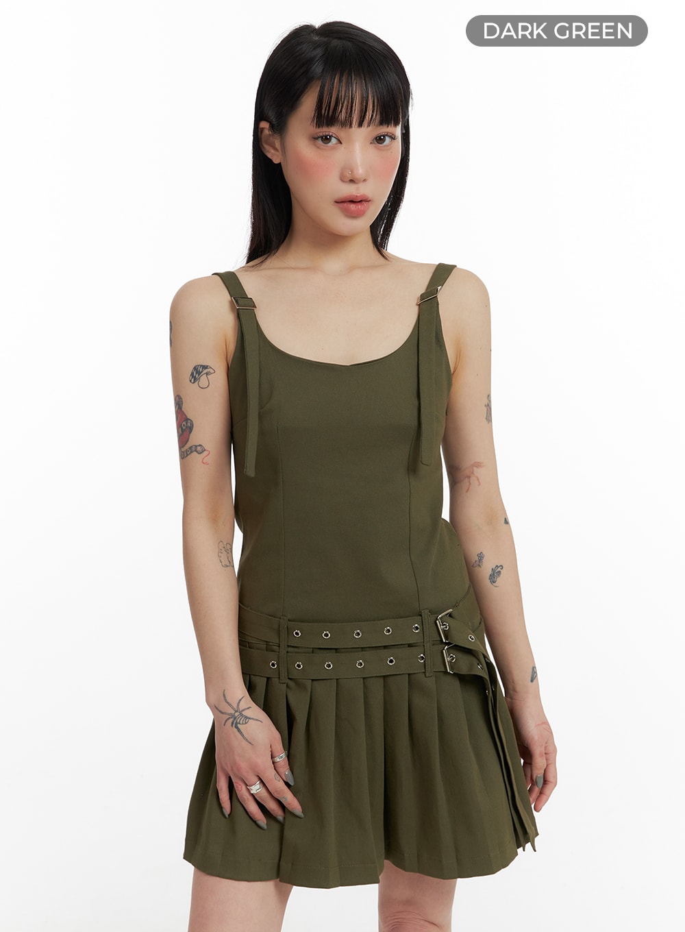 low-hem-buckle-pleated-strap-mini-dress-if423 / Dark green