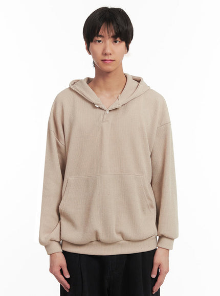 mens-ribbed-buttoned-hoodie-ia511 / Beige