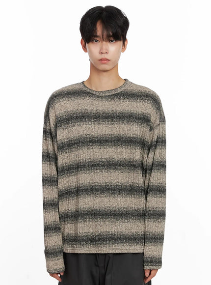 mens-ribbed-striped-long-sleeve-shirt-io516 / Beige