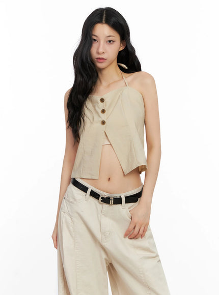 buttoned-halter-neck-top-ig508 / Beige