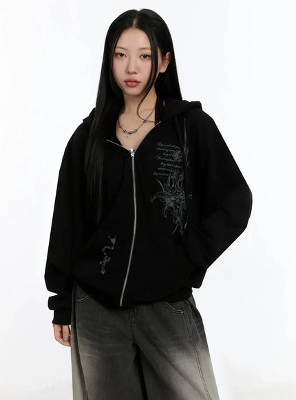 graphic-print-zip-up-hoodie-im509 / Black