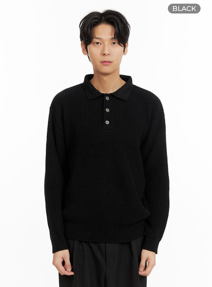 mens-ribbed-polo-knit-top-ia402 / Black