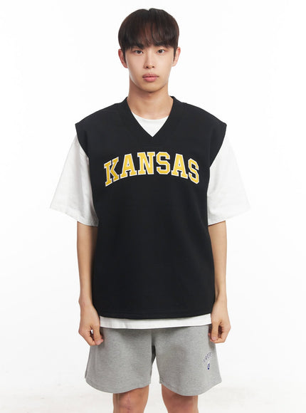 mens-embroidered-cotton-v-neck-vest-ia518 / Black