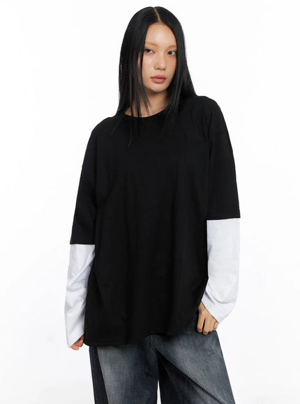 layered-contrast-oversized-long-sleeve-tee-co517 / Black