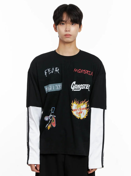mens-graphic-layered-long-sleeve-top-io516 / Black