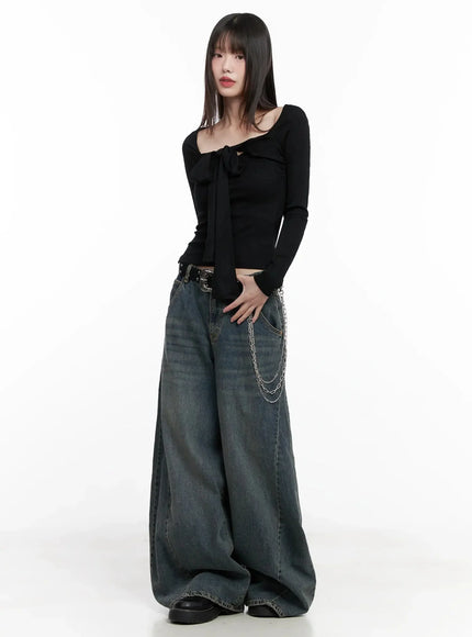 bow-tie-long-sleeve-top-in507 / Black