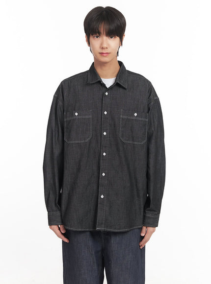 mens-stitched-button-up-denim-shirt-ia510 / Black