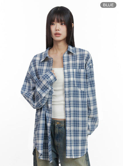checkered-cotton-oversized-shirt-io430 / Blue