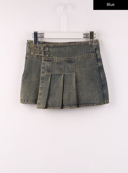 unbalanced-denim-pleated-mini-skirt-ij430 / Blue