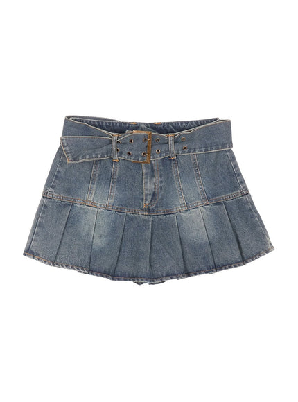 pleated-denim-buckle-mini-skirt-iy502 / Blue