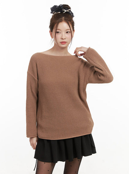 loose-fit-one-shoulder-sweater-if505 / Brown