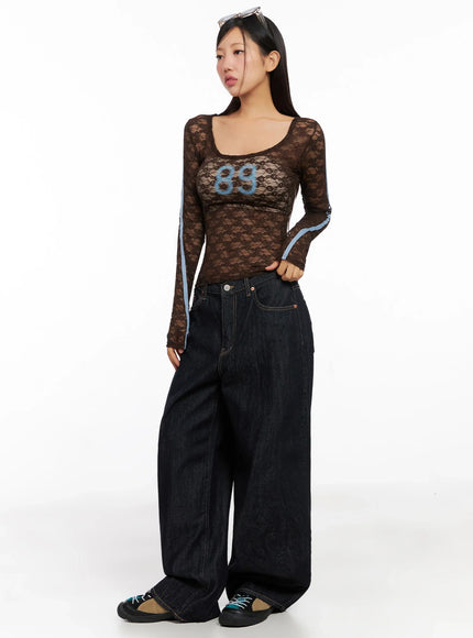 lace-overlay-scoop-neck-top-ig527 / Brown