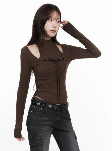 Ribbon Turtleneck Cutout Top IN514