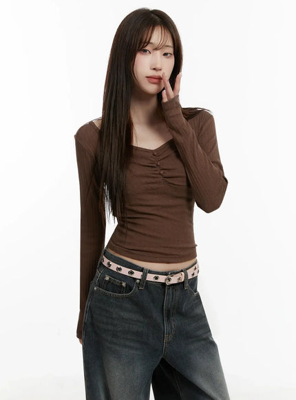 ribbed-shirring-top-ij521 / Brown