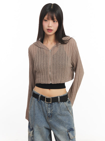 Zip-Up Sheer Hooded Cardigan IA528