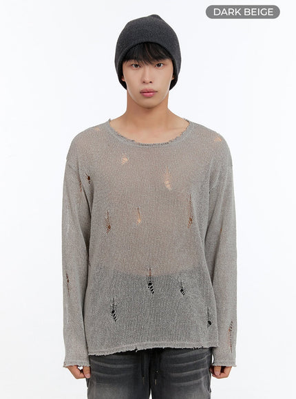 mens-sheer-distressed-knit-top-is412 / Dark beige