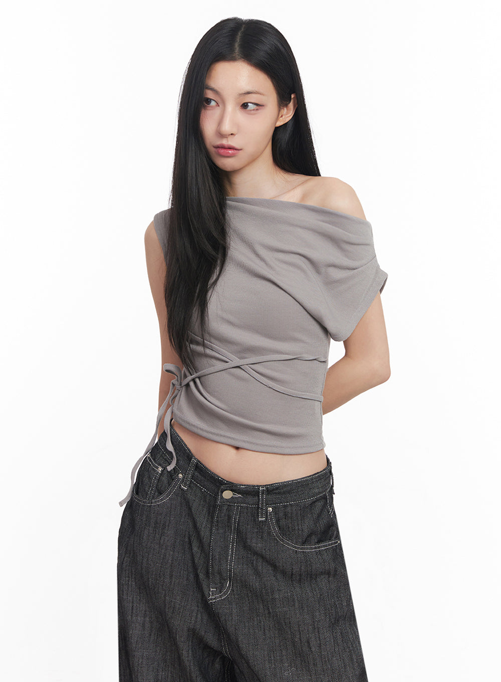 asymmetric-short-sleeve-wrap-shirt-iy516 / Dark beige