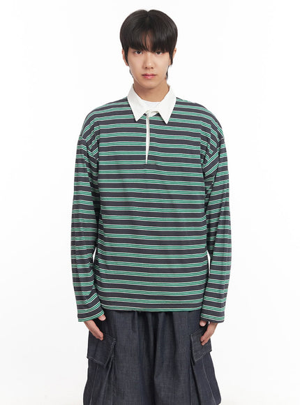 mens-striped-long-sleeve-polo-shirt-ia511 / Dark blue