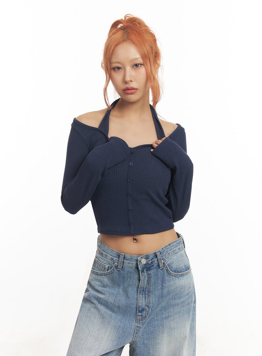 halter-buttoned-long-sleeve-top-ia515 / Dark blue