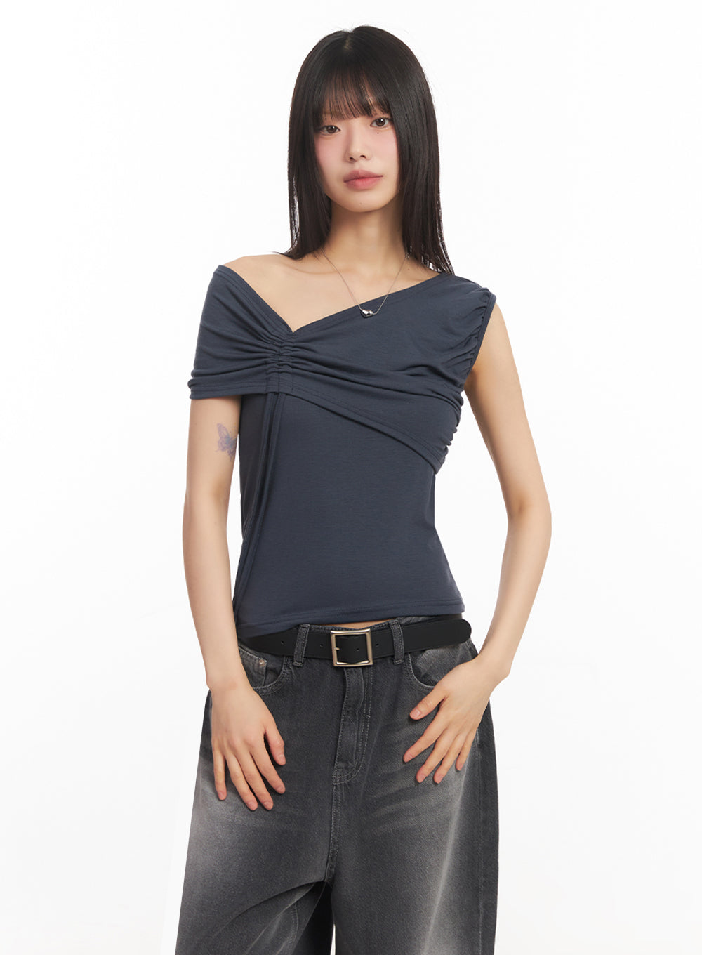 ribbon-one-shoulder-crop-top-ia528 / Dark blue