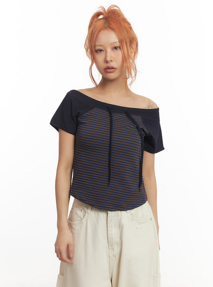 stripe-off-shoulder-hooded-top-ia517 / Dark blue