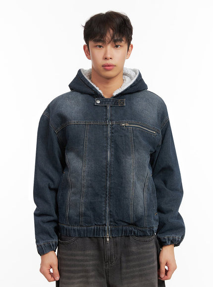 mens-warm-hooded-zip-up-denim-jacket-id431 / Dark blue