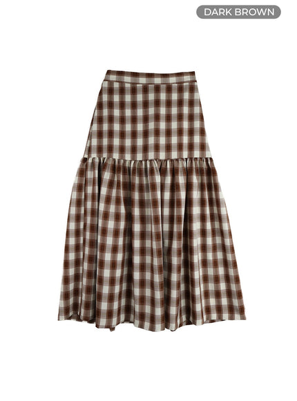 plaid-flare-maxi-skirt-im404 / Dark brown