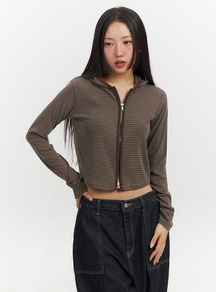 Striped Zip-Up Hooded Crop Jacket IF510