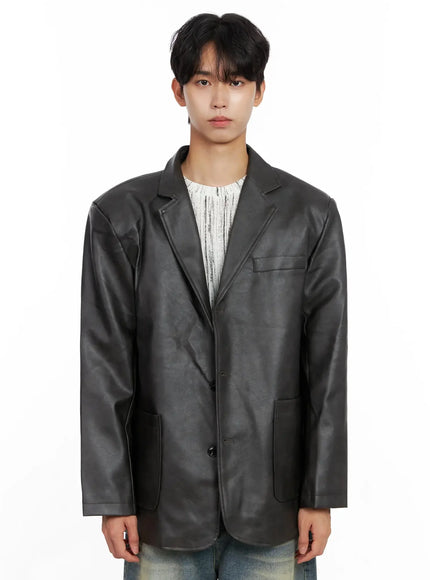 mens-faux-leather-blazer-jacket-io516 / Dark brown