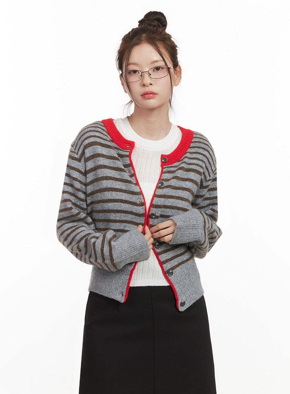 stripe-buttoned-cardigan-if505 / Dark gray