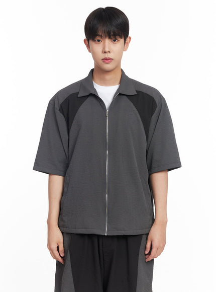 mens-zip-up-collared-half-sleeve-shirt-iy520 / Dark gray
