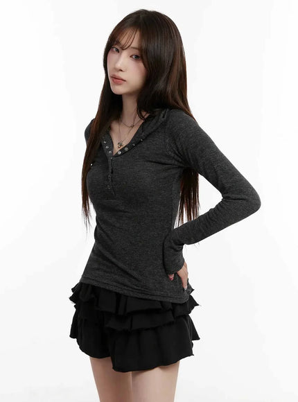 v-neck-button-slim-hooded-top-ij516 / Dark gray