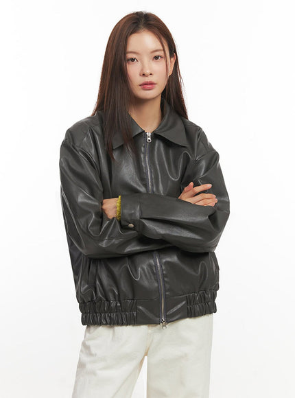 faux-leather-zip-up-bomber-jacket-im513 / Dark gray