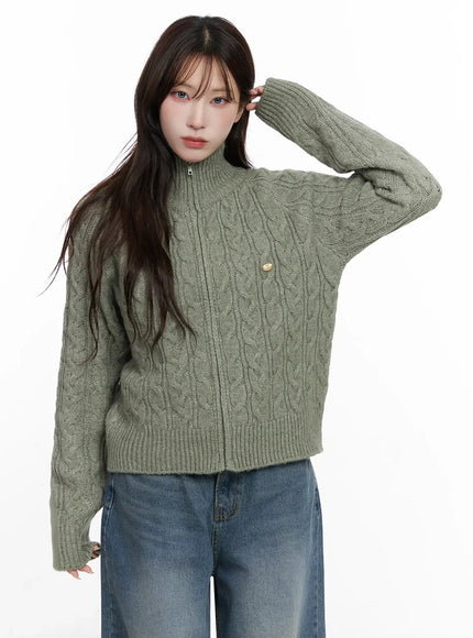 cable-knit-zip-up-jacket-in525 / Dark green