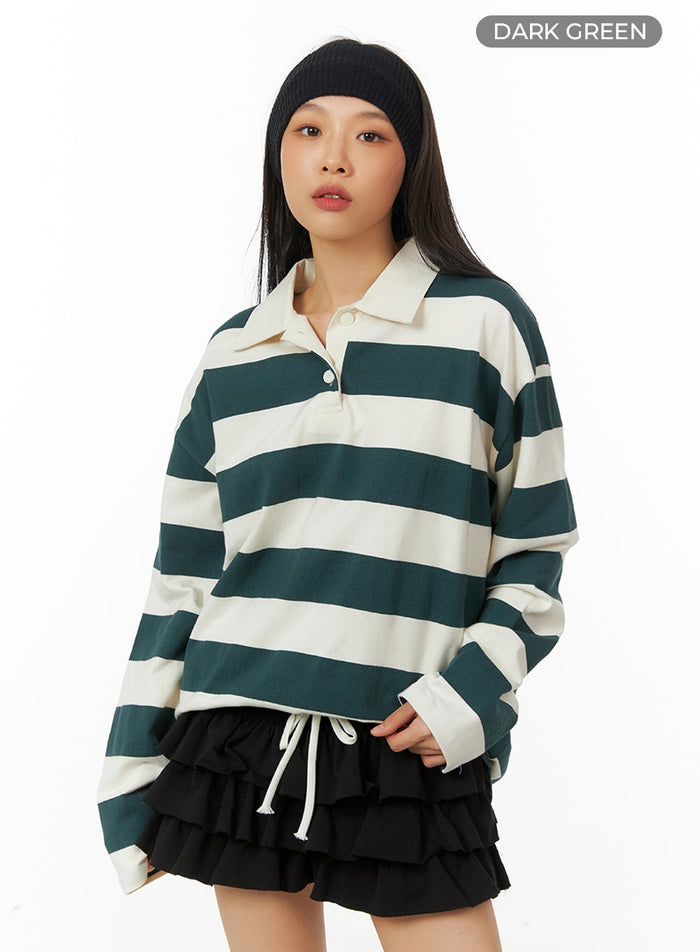 collar-stripe-oversized-polo-shirt-ia417 / Dark green