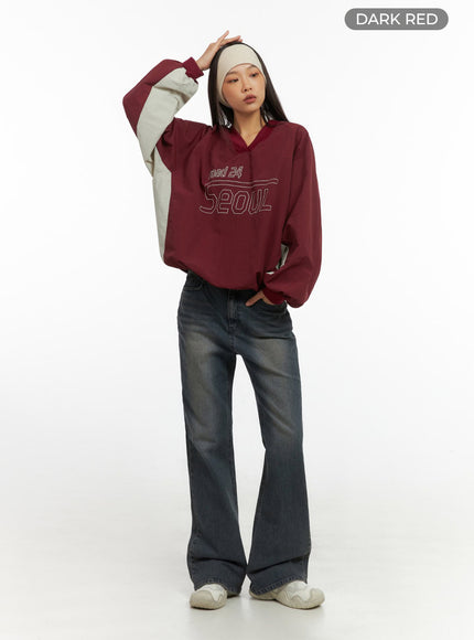 long-sleeve-loose-fit-nylon-v-neck-sweatshirt-io409 / Dark red