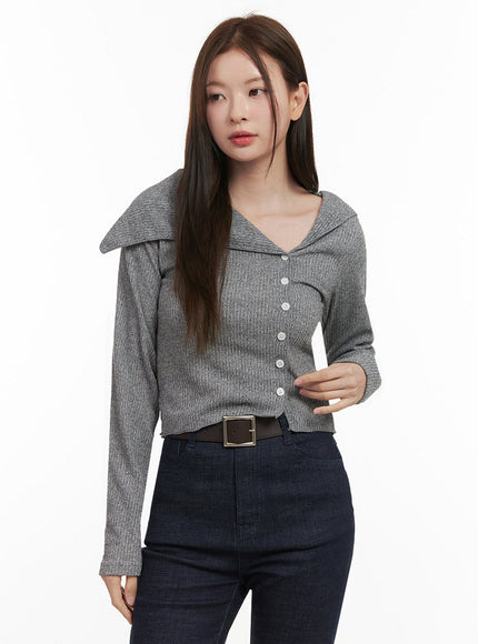 sailor-neck-off-shoulder-cardigan-ij527 / Gray