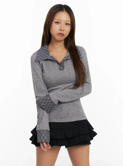 checkered-collar-top-in528 / Gray
