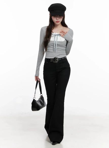 bow-detail-long-sleeve-top-io527 / Gray