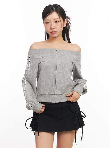 heart-off-shoulder-zip-up-jacket-ia524 / Gray