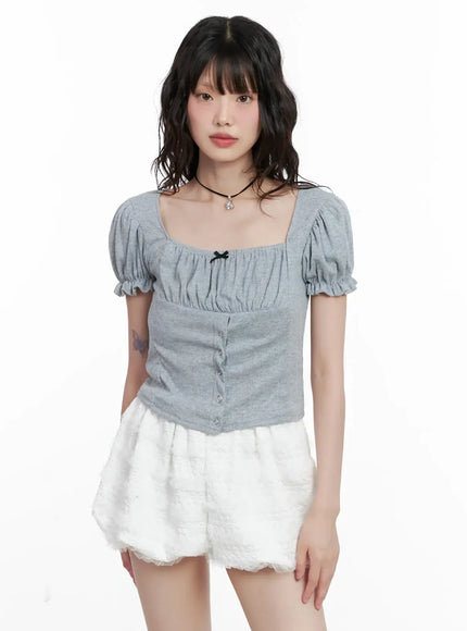 ribbon-detail-puff-sleeve-top-il528 / Gray