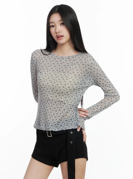 floral-sheer-long-sleeve-top-im502 / Gray