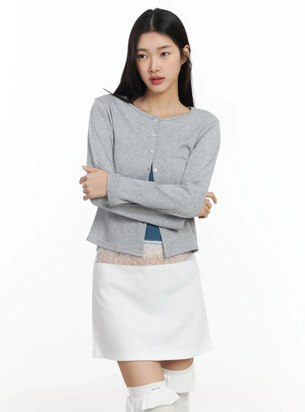 elegant-round-neck-lace-trim-cardigan-im530 / Gray