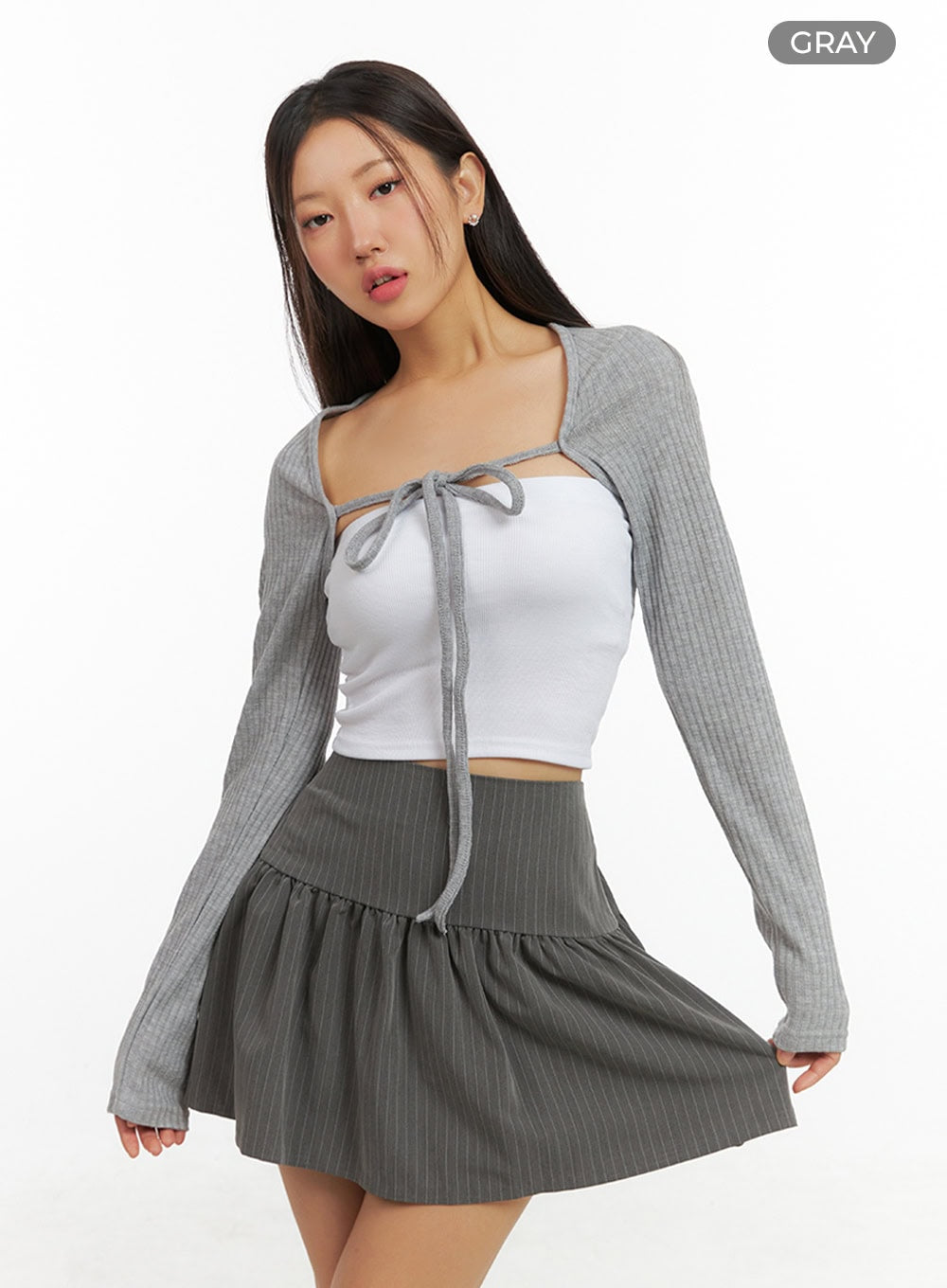 ribbed-strap-bolero-cardigan-is402 / Gray