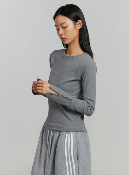 button-sleeve-ribbed-top-ij505 / Gray