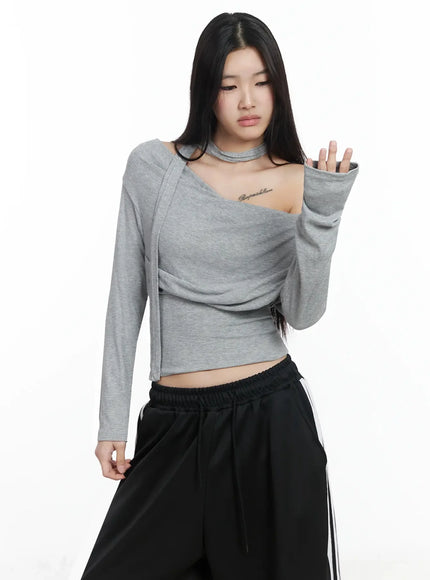 ribbed-off-shoulder-top-and-scarf-set-im506 / Gray