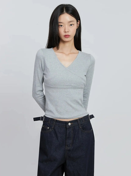 casual-v-neck-long-sleeve-top-io530 / Gray