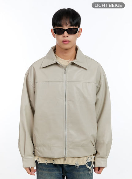 mens-faux-leather-zip-up-collar-jacket-ig421 / Light beige